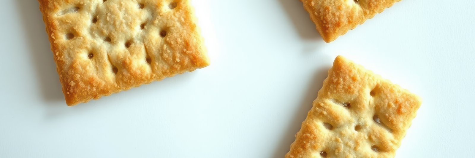 Variety of golden-brown crackers arranged on a light background with a focus on their texture and shapes